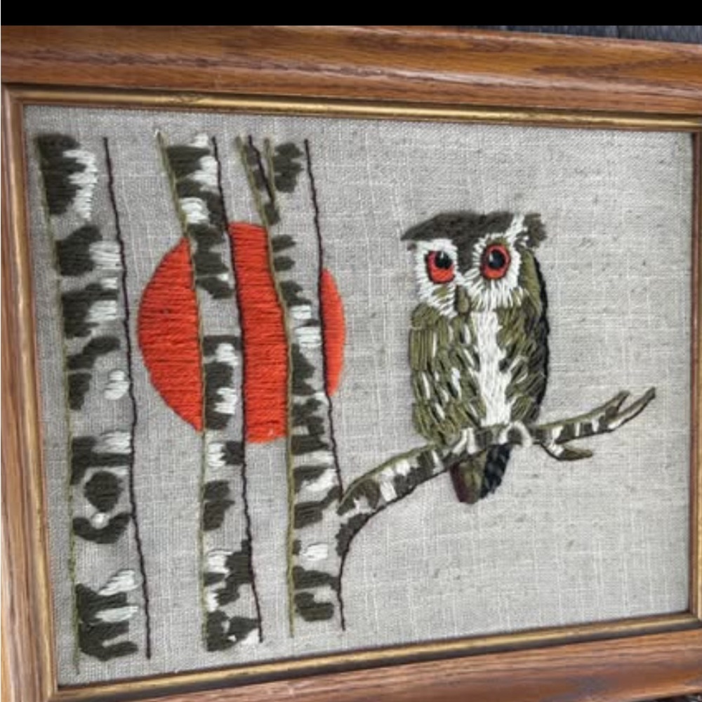 Vintage Handcrafted Crewel Owl Wall Art - Orange & Green - Picture 3 of 5